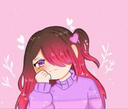 bete_noire brown_hair clothes glitchtale long_hair pink_background pink_eyes pink_hair pink_heart pink_shirt purple_shirt shirt undertale white_hearts