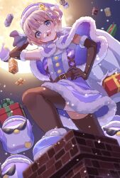 1girl banpen_(todoroki_hajime) belt black_thighhighs blonde_hair chimney elbow_gloves fake_facial_hair fake_mustache full_moon gift gloves hand_on_own_hip hat highres holding holding_sack hololive hololive_dev_is moon night purple_eyes sack santa_costume santa_hat setsuna_(l9in1cszw3f6qsq) thighhighs todoroki_hajime virtual_youtuber