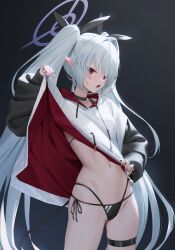 1girl absurdres belt bikini bikini_under_clothes black_bikini black_choker blue_archive choker clothes_lift commentary_request cowboy_shot dark-skinned_female dark_skin fang hair_intakes hair_ornament hair_over_one_eye highres hood hood_down hoodie hoodie_lift iori_(blue_archive) iori_(swimsuit)_(blue_archive) korean_commentary lifting_own_clothes long_hair long_sleeves looking_at_viewer multi-strapped_bikini_bottom navel open_mouth pjman pointy_ears puffy_long_sleeves puffy_sleeves purple_eyes red_eyes side-tie_bikini_bottom skin_fang solo swimsuit thigh_belt thigh_strap thighs twintails very_long_hair white_hair white_hoodie