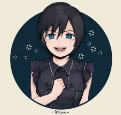 1girl black_hair blue_background blue_eyes character_name clenched_hand commentary_request cropped_torso hand_on_own_chest hand_up happy highres kingdom_hearts kingdom_hearts_iii looking_at_viewer open_mouth short_hair smile solo teeth till-9910 upper_body xion_(kingdom_hearts)