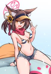 1girl :d animal_ear_fluff animal_ears bikini blue_archive breasts brown_hair fox_ears fox_shadow_puppet fox_tail highres izuna_(blue_archive) medium_breasts open_mouth orange_eyes ranken short_shorts shorts sitting smile solo swimsuit tail unbuttoned visor_cap