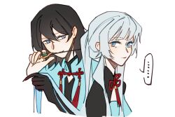 1boy 1girl absurdres black_hair blue_eyes chinese_clothes fate/grand_order fate_(series) hair_between_eyes highres long_hair looking_at_viewer morgan_le_fay_(fate) oberon_(fate) oberon_(third_ascension)_(fate) ponytail short_hair simple_background white_hair yebeiming
