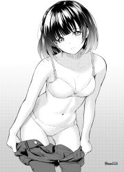 Rule 34 | 1girl, absurdres, bashosho, blush, bra, breasts, cleavage, clothes pull, collarbone, commentary request, highres, lace, lace-trimmed bra, lace-trimmed panties, lace trim, leaning forward, linea alba, looking at viewer, mole, mole under mouth, monochrome, navel, original, panties, pants, pants pull, solo, twitter username, underwear
