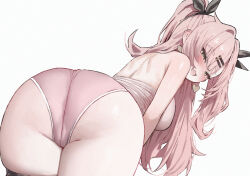 1girl ass bent_over blush breasts commentary earrings from_behind hair_ornament hairclip heart heart_earrings highres jewelry large_breasts long_hair looking_at_viewer looking_back mochirong mole mole_on_ass nicole_demara panties pink_hair pink_panties simple_background smile solo symbol-only_commentary thighs underwear white_background zenless_zone_zero