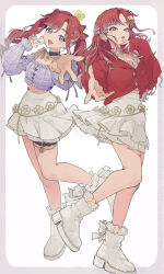 2girls :d absurdres ankle_socks boots border bow-shaped_hair cardigan choker crop_top curtained_hair detached_sleeves double_v dual_persona foreshortening frilled_skirt frills full_body highres long_hair looking_at_viewer multicolored_hair multiple_girls nijisanji official_alternate_costume open_mouth parted_bangs platform_boots red_cardigan red_hair saotome_berry saotome_berry_(2nd_costume) simple_background skirt smile socks standing standing_on_one_leg thigh_strap toma_yugimaru twintails two-tone_hair v virtual_youtuber wavy_hair white_background white_boots white_hair white_skirt