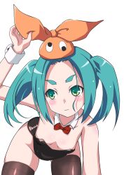 aqua_hair bare_shoulders black_thighhighs blush bow bowtie bunny_day closed_mouth collar detached_collar green_eyes hat highres leaning_forward leotard looking_to_the_side monogatari_(series) ononoki_yotsugi orange_hat playboy_bunny red_bow red_bowtie taketake_(ristclutch-exployder) thick_eyebrows thighhighs twintails white_background white_collar wrist_cuffs