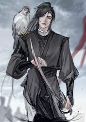 1boy absurdres animal animal_on_shoulder bird bird_on_shoulder black_hair black_hanfu black_sash blood blood_on_face blood_on_hands bloody_weapon braid chinese_clothes chinese_commentary closed_mouth cloud cloudy_sky falcon grey_eyes hand_on_weapon hanfu headband high_ponytail highres holding holding_sword holding_weapon long_hair long_sleeves looking_at_viewer male_focus outdoors ponytail qiang_jin_jiu sash sky solo sword tianhongqwq weapon xiao_chiye