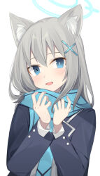 1girl :d absurdres animal_ear_fluff animal_ears black_jacket blue_archive blue_eyes blue_halo blue_scarf blush bright_pupils commentary cross_hair_ornament grey_hair hair_between_eyes hair_ornament halo hanasaki_rin highres jacket mismatched_pupils open_clothes open_jacket open_mouth scarf shiroko_(blue_archive) simple_background smile solo tongue white_background white_pupils wolf_ears