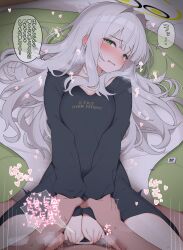 Rule 34 | 1girl, bar censor, black dress, blue archive, blush, breasts, censored, clothed female nude male, commentary request, dress, dress tug, ear blush, green eyes, hair spread out, halo, hare (blue archive), hare (pajamas) (blue archive), heart, hetero, highres, holding another&#039;s wrist, kunugi miyaco, long hair, looking at viewer, medium breasts, nose blush, nude, penis, penis peek, sex, speech bubble, spread legs, sweat, tears, thought bubble, translation request, very long hair