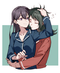 2girls bang_dream! bang_dream!_it&#039;s_mygo!!!!! black_hair blue_pajamas breasts brown_hair cleavage closed_eyes collarbone cropped_torso headpat highres hug hug_from_behind joker_(jjjokerrr233) long_sleeves looking_at_another medium_hair multiple_girls pajamas purple_eyes red_pajamas shiina_taki shirt sleepy smile upper_body yahata_umiri yuri