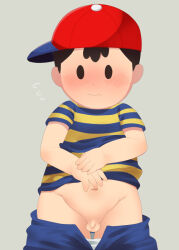 bad_tag black_hair blue_stripes blush child clothes_pull embarrassed groin hat legs mother_(series) mother_2 nervous ness_(mother_2) nintendo penis red_hat shirt shorts shorts_pull shota sjsj_10 striped_clothes striped_shirt super_smash_bros. sweatdrop testicles underwear white_underwear yellow_shirt