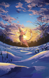 Rule 34 | body fur, espeon, forehead jewel, gen 2 pokemon, highres, midair, nintendo, no humans, pokemon, pokemon (creature), purple fur, snow, forked tail, sunset, winter, yamaori (hakkentai pokedan)