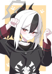 1girl absurdres black_choker black_hair black_hoodie black_horns blue_archive blush border choker closed_mouth collarbone commentary_request demon_horns hair_between_eyes halo hands_up highres hood hoodie horns kayoko_(blue_archive) long_sleeves looking_at_viewer mole mole_on_neck noiy29 outside_border paw_pose ponytail red_eyes smile solo white_border white_hair yellow_background