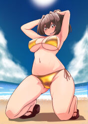 1girl alternate_costume armpits arms_up beach bikini blue_sky breasts brown_eyes brown_hair cloud day gold_bikini hair_between_eyes highres ise_(kancolle) kantai_collection large_breasts navel ocean open_mouth outdoors ponytail sandals short_hair side-tie_bikini_bottom sky smile solo swimsuit teeth tsun&#039;ichi_(tsun1) upper_teeth_only zouri