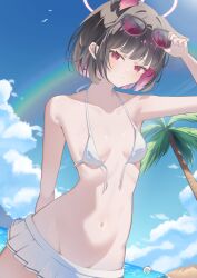 1boy 1girl absurdres adjusting_eyewear alternate_costume animal_ears bare_arms bare_shoulders beach bikini bikini_skirt black_hair blue_archive blush cat_ears cat_girl closed_mouth colored_inner_animal_ears colored_inner_hair doodle_sensei_(blue_archive) eyewear_on_head highres kazusa_(blue_archive) looking_at_viewer midriff miku_rasha multicolored_hair navel ocean pink-tinted_eyewear pink_eyes sensei_(blue_archive) short_hair skirt stomach sunglasses swimsuit tinted_eyewear two-tone_hair untied_bikini white_bikini white_skirt