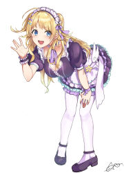 1girl absurdres ahoge apron black_shoes blonde_hair blue_eyes blue_ribbon blurry blush bow breasts cleavage cleavage_cutout clothing_cutout collarbone depth_of_field dot_nose dress frilled_apron frilled_dress frills full_body hachimiya_meguru hair_bow hair_ornament hair_ribbon hand_on_own_thigh hand_up highres idolmaster idolmaster_shiny_colors juliet_sleeves large_breasts layered_dress leaning_forward long_hair long_sleeves looking_at_viewer low_twintails name_tag necktie open_hand open_mouth polka_dot polka_dot_necktie polka_dot_ribbon puffy_sleeves purple_dress purple_necktie purple_ribbon purple_scrunchie ribbon ribbon-trimmed_thighhighs ribbon_trim same_huka scrunchie shoes short_sleeves signature simple_background smile solo standing thighhighs twintails waist_apron white_apron white_background white_headdress white_thighhighs wing_hair_ornament wing_ornament wrist_ribbon wrist_scrunchie