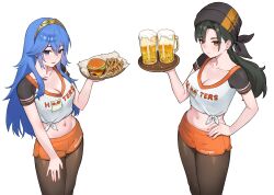 2girls alternate_costume beer_mug black_hair blue_eyes blue_hair breasts brown_eyes burger commission commissioner_upload cup employee_uniform fire_emblem fire_emblem_awakening fire_emblem_engage food french_fries highres hooters iffyru large_breasts long_hair looking_at_viewer lucina_(fire_emblem) mitan_(fire_emblem) mug multiple_girls nintendo non-web_source orange_shorts short_shorts shorts waitress