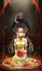 2girls absurdres black_dress bouquet breasts commentary_request corrupted_twitter_file dark_background dark_sakura doll39 dress dual_persona english_text evil_smile fate/stay_night fate_(series) flower hair_ribbon heaven&#039;s_feel highres holding holding_bouquet large_breasts long_hair looking_at_another looking_at_viewer looking_down matou_sakura multiple_girls parted_lips purple_eyes purple_hair red_eyes red_ribbon ribbon sitting smile white_dress white_hair