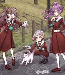 Rule 34 | 3girls, :d, aqua neckerchief, black choker, black gloves, black pantyhose, black shoes, brown dress, brown hair, brown shoes, cat, cat stretch, cellphone, choker, clenched hand, colored inner hair, commentary request, dress, fujishima megumi, gloves, green eyes, grey hair, hair bun, hair ornament, half gloves, hasu no sora school uniform, highres, holding, holding phone, kneehighs, link! like! love live!, loafers, lone nape hair, long hair, long sleeves, looking at another, love live!, mary janes, meiji (mosamoo3), multicolored hair, multiple girls, neckerchief, open mouth, otomune kozue, outdoors, pantyhose, petting, phone, photo background, pink eyes, pleated dress, purple eyes, purple hair, red hair, sailor collar, sailor dress, school uniform, shoes, short hair, side ponytail, sidelocks, single side bun, smartphone, smile, socks, squatting, standing, star (symbol), star hair ornament, streaked hair, stretching, twitter username, virtual youtuber, white cat, white sailor collar, white socks, yugiri tsuzuri