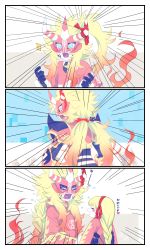 absurdres agnimon armor blue_eyes botamon bow digimon fangs highres horn lunamon palmon shutumon