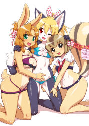3girls akuma_gaoru animal_ears animal_nose bikini black_eyes blue_bikini body_fur bow breasts brown_hair character_request cleavage collared_shrug folded_ponytail full_body furry furry_female futaba_channel green_eyes grey_fur hair_bow hand_on_another&#039;s_shoulder hand_on_another&#039;s_stomach hand_on_another&#039;s_thigh kneeling large_breasts looking_at_viewer medium_hair multiple_girls navel neckerchief one_eye_closed open_mouth parted_bangs polka_dot polka_dot_bow purple_bikini red_eyes red_neckerchief sailor_collar senzoc short_hair shrug_(clothing) side-tie_bikini_bottom small_breasts smile stomach swimsuit tail teeth two-tone_fur upper_teeth_only white_background white_bow white_fur white_sailor_collar white_shrug yellow_fur