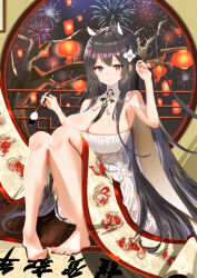 Rule 34 | 1girl, aerial fireworks, azur lane, bare shoulders, black hair, breasts, brown eyes, calligraphy brush, cleavage, detached sleeves, dress, fireworks, flower, full body, hair between eyes, hair flower, hair on horn, hair ornament, hair spread out, holding, holding brush, indomitable (azur lane), indoors, ksami, lantern, large breasts, long hair, looking at viewer, paintbrush, paper lantern, sitting, sleeveless, sleeveless dress, solo, very long hair, white dress, white flower, window