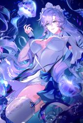 1girl absurdres blue_eyes blue_flower breasts bubble cantarella_(wuthering_waves) commentary dress earrings facial_mark flower garter_straps hair_flower hair_ornament hand_up headdress highres jellyfish jewelry large_breasts long_hair mark_under_eye parted_lips purple_hair salman_(salman_dw) shrug_(clothing) solo thighhighs thighs very_long_hair white_dress white_garter_straps white_shrug white_thighhighs wuthering_waves