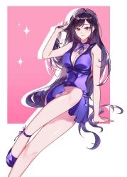 Rule 34 | 1girl, black hair, border, breasts, cleavage, commentary request, dress, final fantasy, final fantasy vii, final fantasy vii remake, highres, invisible chair, lips, long hair, looking at viewer, medium breasts, nebula horion, official alternate costume, outside border, pink background, pink lips, purple dress, purple shoes, red eyes, shoes, simple background, sitting, sleeveless, sleeveless dress, solo, tifa lockhart, tifa lockhart (refined dress), very long hair, white border