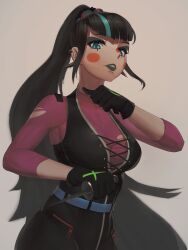 1girl absurdres aqua_eyes aqua_streaks belt black_corset black_gloves black_hair black_pants blue_belt blunt_bangs breasts cleavage commentary corset covered_collarbone cowboy_shot dagger dc_comics ear_piercing earrings english_commentary gloves grey_background grey_lips hair_ornament highres holding holding_dagger holding_knife holding_weapon jewelry knife long_hair looking_at_viewer multicolored_hair numanoan pants parted_lips piercing ponytail punchline_(dc) purple_shirt shirt sidelocks simple_background solo torn_clothes torn_shirt two-tone_hair very_long_hair weapon zipper zipper_pull_tab