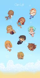 Rule 34 | arms up, barefoot, baxter ward, beach, black hair, black suit, blonde hair, blue background, blue dress, blue eyes, blue shorts, brown eyes, brown hair, chibi, chibi only, closed eyes, cove holden, crossed arms, curly hair, dark-skinned female, dark-skinned male, dark skin, denim, derek suarez, dolpxler, double v, dress, elizabeth last, floral print, flower, formal clothes, full body, green eyes, green hair, grin, group picture, hand on own face, highres, holding, holding flower, hood, hood down, hoodie, jeans, jorge suarez, kicking, lee last, long hair, looking at viewer, lying, midriff, miranda eckert, necktie, nicolas suarez, on stomach, one eye closed, our life, our life: beginnings and always, our life: now and forever, outstretched arms, pants, poppy (flower), purple eyes, purple necktie, purple shirt, raised fist, red hair, shirt, shorts, sleeveless, sleeveless hoodie, smile, smirk, spaghetti strap, standing, standing on one leg, suit, surf, t-shirt, terry brook, v, white dress, white shirt