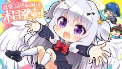 Rule 34 | 1boy, 2girls, :d, = =, ahoge, angel, angel wings, arrow hair ornament, black hair, black serafuku, black shirt, black shoes, black skirt, blue hair, blush, bow, bowtie, braid, chibi, chibi inset, chibi only, confetti, feathered wings, frown, full body, grey hair, hair ornament, halo, happy, highres, hugging object, kneehighs, loafers, long hair, long sleeves, looking at viewer, medium hair, miniskirt, multiple girls, official art, ogata iori, ogata neiko, open mouth, outstretched arms, outstretched hand, pillow, pillow hug, pleated skirt, promotional art, purple eyes, red bow, red bowtie, ren&#039;ai hajimemashite, school uniform, serafuku, shirt, shoes, short hair, side braid, sidelocks, simple background, skirt, smile, socks, solo focus, star (symbol), star hair ornament, sweatdrop, takahero, tenshi-chan (ren&#039;ai hajimemashite), two side up, very long hair, white socks, white wings, wings, yellow halo