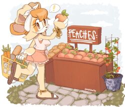 anklet basket blush bracelet bread breasts carrot cobblestone crop_top exclamation_sign eyelashes flour flower food fruit furry furry_female grass groceries hair_between_eyes hair_bun highres jewelry leg_up looking_at_viewer looking_back mature_female medium_breasts milk_chao_tea outdoors peach rabbit rabbit_ears rabbit_nose rabbit_tail sandals sega shopping shopping_basket shopping_cart shorts sidelocks simple_background sonic_(series) surprised thick_eyelashes thighs tied_up_hair tomato two-tone_fur vanilla_the_rabbit walking