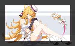1girl absurdres alternate_costume bare_shoulders belt black_gloves blonde_hair blue_eyes cancancancan dress escoffier_(genshin_impact) fishnet_thighhighs fishnets full_body genshin_impact gloves hat high_heels highres long_hair looking_at_viewer short_sleeves sitting sleeveless solo tail thighhighs very_long_hair white_dress white_thighhighs