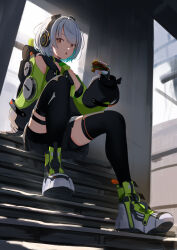 1girl absurdres anby_demara black_gloves black_thighhighs braided_sidelocks burger food gloves green_jacket green_sleeves grey_hair headphones highres holding holding_burger holding_food jacket looking_at_viewer open_mouth orange_eyes short_hair silvertina sitting thighhighs zenless_zone_zero