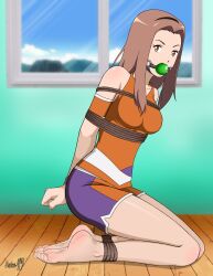 absurdres arms_behind_back ball_gag bdsm bondage bound bound_ankles bound_arms bound_wrists breasts brown_eyes brown_hair cloth_gag digimon digimon_adventure_tri. gag gagged highres improvised_gag legs looking_at_viewer medium_breasts shadow_xcp tachikawa_mimi thighs