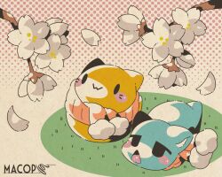 Rule 34 | 0w0, animal ears, artist name, blobcat, blush stickers, cat ears, falling petals, flower, grass, halftone, halftone background, limited palette, looking up, macop, misskey.io, murakami-san (misskey.io), no humans, open mouth, paper texture, petals, red scarf, scarf, solid oval eyes, webp-to-png conversion