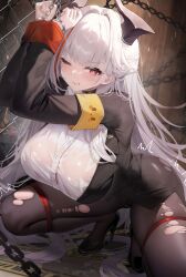 1girl absurdres admiral_zenker_(azur_lane) admiral_zenker_(fun_with...interrogations?)_(azur_lane) armband azur_lane black_jacket black_pantyhose black_shoes black_skirt blush bound bound_legs bound_wrists breasts collared_shirt high_heels highres horns jacket jihua_tong large_breasts long_hair multicolored_hair office_lady official_alternate_costume one_eye_closed pantyhose pencil_skirt red_eyes red_hair shirt shoes skirt solo streaked_hair teeth torn_clothes torn_pantyhose white_hair white_shirt yellow_armband