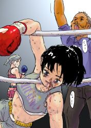 1boy 2girls aqua_eyes arm_up black_hair black_pants blood blood_on_face blue_shirt boxing boxing_gloves boxing_ring boxing_shorts bruise bruise_on_face clenched_hand closed_mouth defeat fainted fainting grey_hair grey_shorts hand_up high_ponytail injury midriff multiple_girls nosebleed open_mouth original pants pink_shorts ponytail referee ryona shirt shorts sports_bra teeth unconscious upper_teeth_only yutanirg