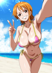 Rule 34 | 1girl, beach, bikini, blue sky, blush, breasts, brown eyes, cleavage, covered erect nipples, cowboy shot, day, grin, large breasts, looking at viewer, micro bikini, minpei ichigo, nami (one piece), navel, ocean, one piece, orange hair, pink bikini, short hair, sky, smile, solo, stomach, swimsuit, v