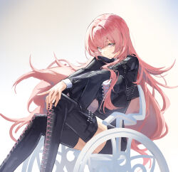 1girl absurdres arknights babailifen_huixiajiu black_dress black_jacket boots dress hands_on_own_knee highres jacket lace-up_boots lemuen_(arknights) long_hair pink_eyes pink_hair solo thigh_boots wheelchair