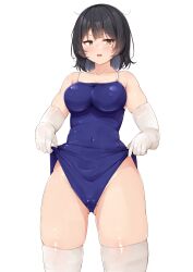 1girl black_hair blue_one-piece_swimsuit breasts collarbone covered_erect_nipples gloves gluteal_fold highres looking_at_viewer medium_breasts one-piece_swimsuit open_mouth original shinonon_(iso_shino) short_hair simple_background solo standing swimsuit white_background white_gloves yellow_eyes