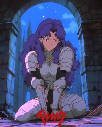 armor berserk brown_eyes castle crossover katsuragi_misato long_hair neon_genesis_evangelion purple_hair retro_artstyle watermark