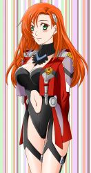 1girl banpresto blush breasts cliana_rimskaya coat earrings gloves green_eyes hair_ornament highres jacket jewelry long_hair orange_hair super_robot_wars super_robot_wars_destiny super_robot_wars_original_generation