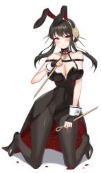 1girl absurdres adapted_costume alternate_costume animal_ears bare_shoulders black_gloves black_hair black_leotard blush breasts cleavage closed_mouth collarbone dagger dress dual_wielding earrings fake_animal_ears fingerless_gloves floating_hair flower full_body gloves gold_earrings gold_hairband gradient_background hair_flower hair_ornament hairband highres holding holding_dagger holding_knife holding_weapon jewelry kneeling knife large_breasts leotard long_hair looking_at_viewer pantyhose petals playboy_bunny pn_(wnsl216) rabbit_ears raised_eyebrows red_background red_eyes reverse_grip rose rose_petals sidelocks simple_background solo spikes spy_x_family two-sided_dress two-sided_fabric weapon white_background wrist_cuffs yor_briar