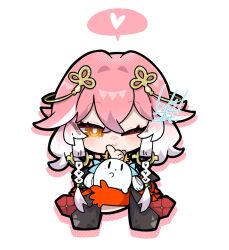 1girl animalization braid bright_pupils changli_(wuthering_waves) closed_mouth colored_extremities commentary dog-san hair_extensions hair_ornament heart highres holding index_finger_raised jinhsi_(wuthering_waves) looking_at_viewer multicolored_hair one_eye_closed pink_hair red_hands ring_hair_extensions simple_background smile solo spoken_heart symbol-only_commentary twin_braids two-tone_hair white_background white_hair white_pupils wuthering_waves yellow_eyes