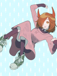 1girl black_shorts black_socks brown_eyes brown_hair dress green_shoes grey_dress highres horns kneehighs mole mole_under_eye nayuta_(yogen_no_nayuta) open_mouth raneblu red_horns ringed_eyes shoes shorts shorts_under_dress socks solo yogen_no_nayuta
