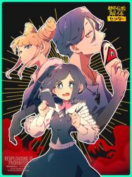 1boy 2girls blonde_hair blue_hair cone_hair_bun double_bun frilled_shirt frills fukurai_azami gloves hair_bun highres holding holding_mask holding_notebook mask meguriya_ayumu multiple_girls nogizi notebook open_mouth shirt short_hair skirt smile surprised tomarigi_yasumi toshi_densetsu_kaitai_center triangle_necklace yellow_eyes