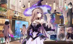 6+girls absurdres aquarium bare_shoulders beret black_dress brown_hair commentary_request detached_sleeves doll_joints dress flying_sweatdrops hat herta_(honkai:_star_rail) herta_(puppet)_(honkai:_star_rail) highres holding holding_scroll honkai:_star_rail honkai_(series) indoors jar jinya joints korean_commentary long_hair multiple_girls purple_eyes quill scroll smile the_herta_(honkai:_star_rail) very_long_hair witch_hat