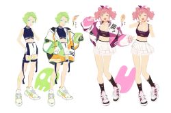 2girls :o alternate_costume black_shirt blue_eyes breasts brown_eyes cleavage cropped_shirt earrings flat_chest jewelry large_breasts looking_at_viewer macross macross_delta makina_nakajima mosako multiple_girls one_eye_closed open_mouth pointy_ears reina_prowler shirt shorts skirt sleeveless sleeveless_shirt smile twintails variations white_footwear white_shorts white_skirt
