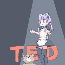 1girl animal_ear_hairband animal_ears animate_object apron bandaid bandaids_on_nipples black_skirt black_sleeves black_thighhighs blunt_bangs bow bowtie cat_ear_hairband cat_ears crossover fake_animal_ears feet_out_of_frame hair_ribbon hairband hands_up lokulo-chan_(lokulo_no_mawashimono) lokulo_no_mawashimono loli long_hair looking_ahead low_twintails lowres miniskirt oekaki open_mouth original pasties puffy_short_sleeves puffy_sleeves pun purple_bow purple_bowtie purple_eyes purple_hair red_ribbon ribbon short_sleeves shrug_(clothing) skirt smile spotlight stuffed_animal stuffed_toy ted_(movie) ted_(ted) ted_talk teddy_bear thighhighs topless_female twintails waist_apron